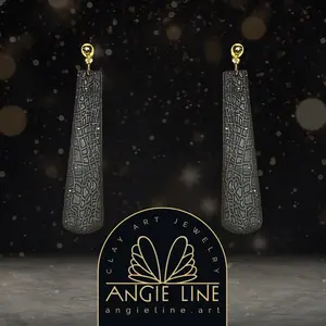 Black Sparkly Polymer Clay Earrings - Angie Line Clay Art Jewelry by artist Vanessa Freire Hypoallergenic Studs Female Elegant Metal Coating Glitter Casual