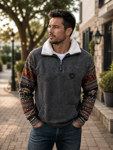 Men's Legend or Lies 1/4-Zip Fleece Sweatshirt - Aztec Sleeves, Sherpa Collar, Casual Menswear Tops with Soft Fabric