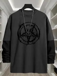 Men's Gothic Style Pentagram Print Long Sleeve Tee, Casual Comfy Loose Fit Crew Neck T-shirt for Daily Wear, Fashion Men's Top for All Seasons, Streetwear