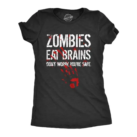 Womens Zombies Eat Brains Dont Worry Youre Safe T Shirt Funny Sarcasm Cool Graphic Tee Funny Womens T Shirts Cute Vintage Graphic Tee Halloween Costume Tops for Women Funny Zombie Top Women's Novelty Tees Black