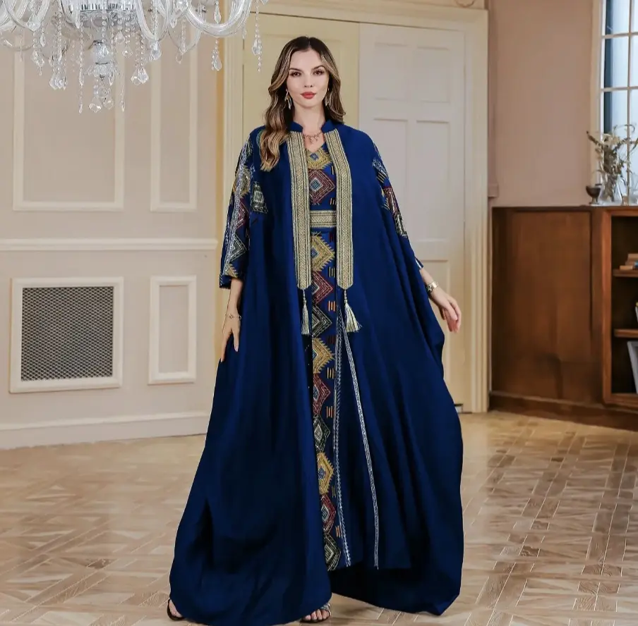Women's New 2-Piece Beaded Abaya Set - Embroidered, Geometric Patterns, Elegant Design, Modest Fashion Inspo, Islamic Modest Clothing
