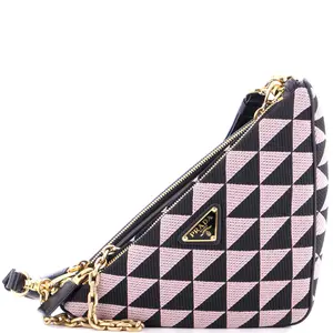 Pre-owned PRADA Leather, Jacquard Shoulder Bags Double Symbole Triangle Bag Leather and Jacquard Mini by Rebag