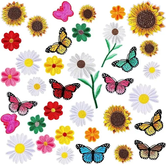36 Pieces Flower Iron On Embroidered Patches Sunflower Cute Sew On Applique Patches for Clothing Large Colorful Decorative Patches for Clothes Dress Hat Jeans DIY (Butterfly, Sunflower, Daisy)