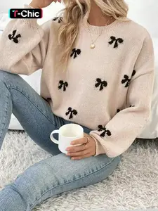 Elegant Bow Pattern Knit Pullover Sweater, Fitted Chic Long Sleeve Round Neck Casual Top for Fall & Winter, Women's Fashion Daily Wear