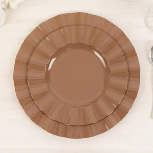 10-Pack Plastic Round Dinner Plates 9" Coffee Brown Ruffled Rim with Gold Edging - Heavy Duty Disposable Dinnerware
