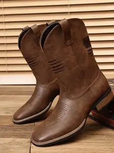 Men's Classic Embroidered Western Jeans Boots, Anti-Slip Square Toe Chunky Heel Ankle Boots, Durable Fashion Vintage Short Boots