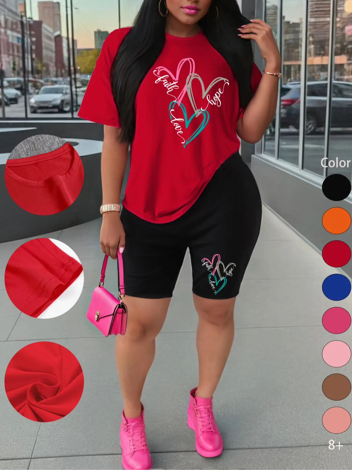 Summer New Women's Short Sleeve and Shorts Set, Casual Outdoor Sports T-Shirt with Heart Letter Print, Sporty Round Neck, Comfortable Fitted Style, Workout Sets, Sportswear, Sport Casual Outfit, Exercise Clothing Set