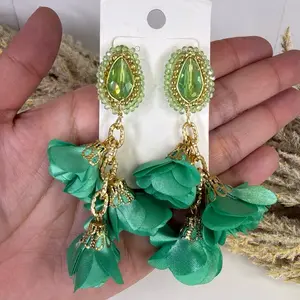 Elegant Green Rhinestone Earrings with Green Flower Tassels for Women
