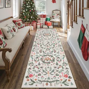 Christmas Long Rug Vintage Floral Hallway Runner Non-Slip Washable Kitchen Carpet Soft Comfort Home Decor Living Room Bedroom Area Rug Decorative Rug Mat