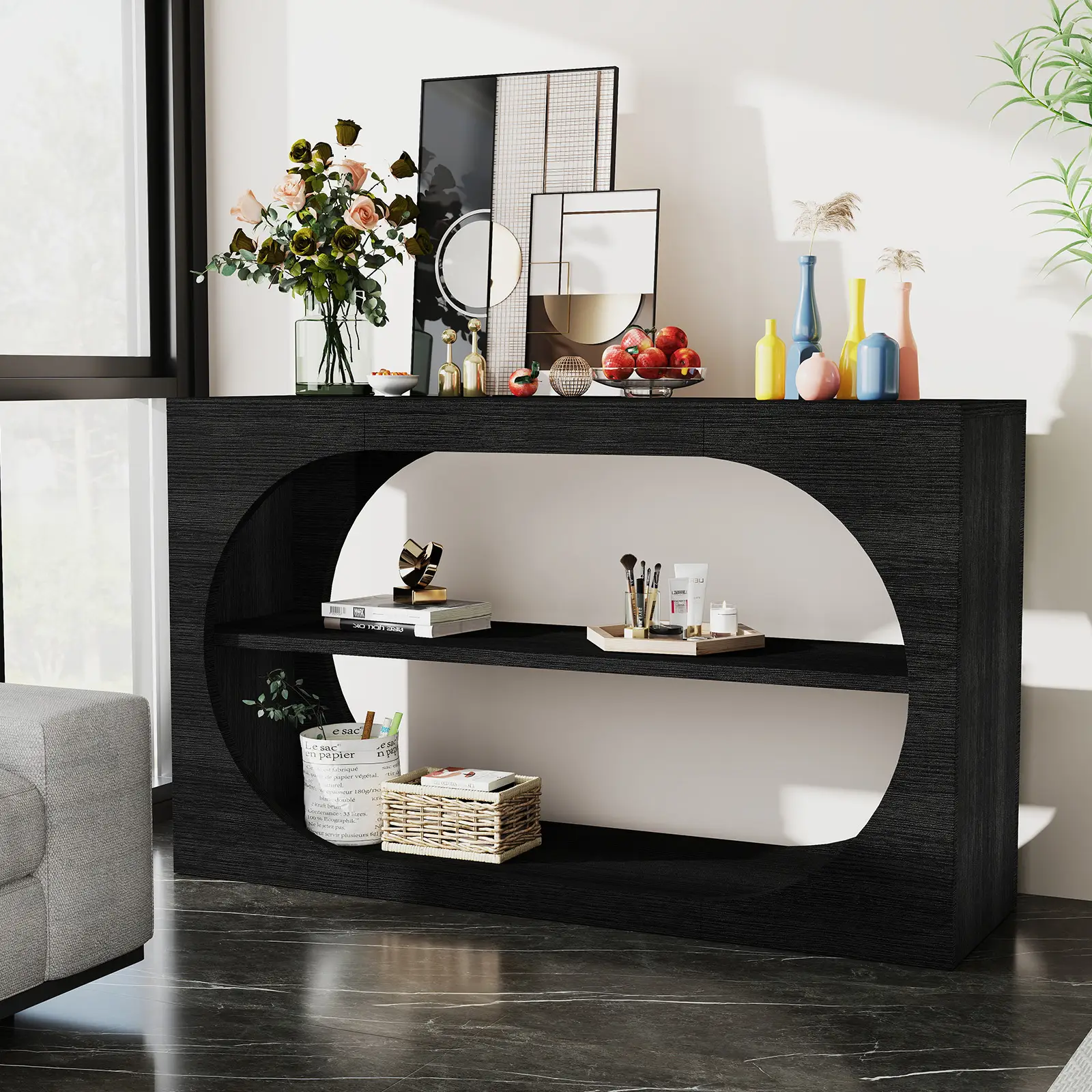 55 Inch Entryway Console with Storage, 3 Tier Farmhouse Style Narrow Shelf Sofa entry Table, Affordable Coffee Table for Entryways, Hallways, Living R