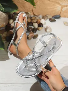 Bohemian Braided Thong Sandals, Flat Roman Slide Sandals for Summer Outdoor Wear