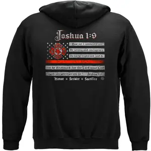 Firefighter Christian Hoodie Joshua 1:9, Bible Verse Faith Graphic, Fire Dept Cross Flag Design, Courage Strength Honor Service Sacrifice Hoodie
