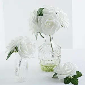 24 Roses 5" White Artificial Foam Flowers With Stem Wire and Leaves