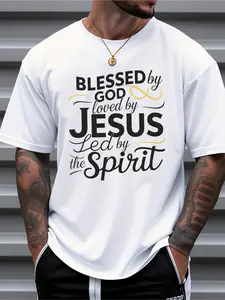 Men's Religious Faith T-Shirt - God's Blessing, Jesus' Love, The Holy Spirit's Guidance Inspirational Print, 100% Cotton Short-Sleeved Round Neck T-Shirt, Comfortable Clothing for Daily Outdoor Wear in Spring And Summer, Daily Casual Wear