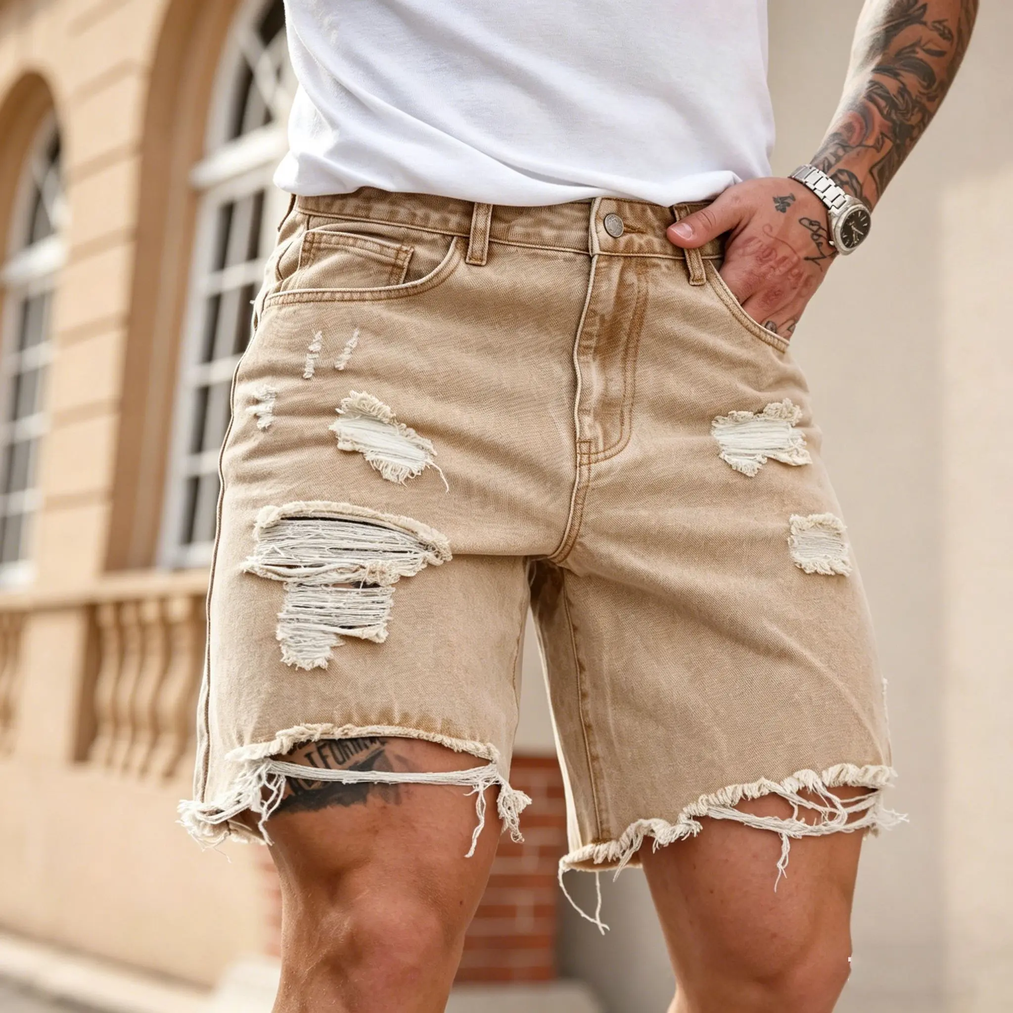 Men's Baggy Khaki Denim Jorts,Casual Loose Fit Ripped Distressed Jean Shorts,Retro Y2K Streetwear Wide Leg Skater Shorts,Summer Mud Wash Outfits summerwins