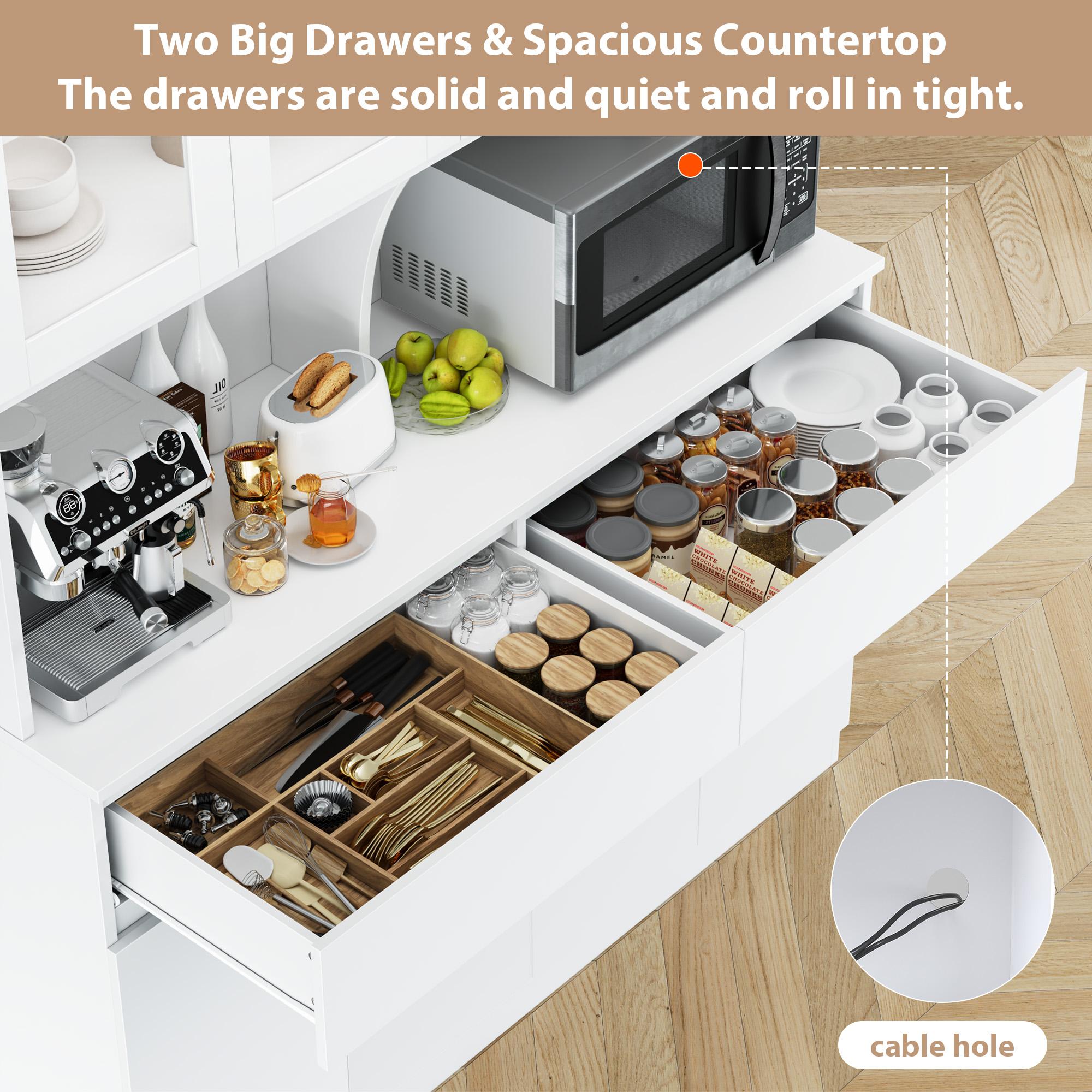 FOTOSOK  74.8" Tall Pantry Cabinet, 55.1" Wide Kitchen Pantry Cabinet  with 2 Drawers, Kitchen Hutch with Microwave Stand, Tall Storage Cabinet for Living Room, White