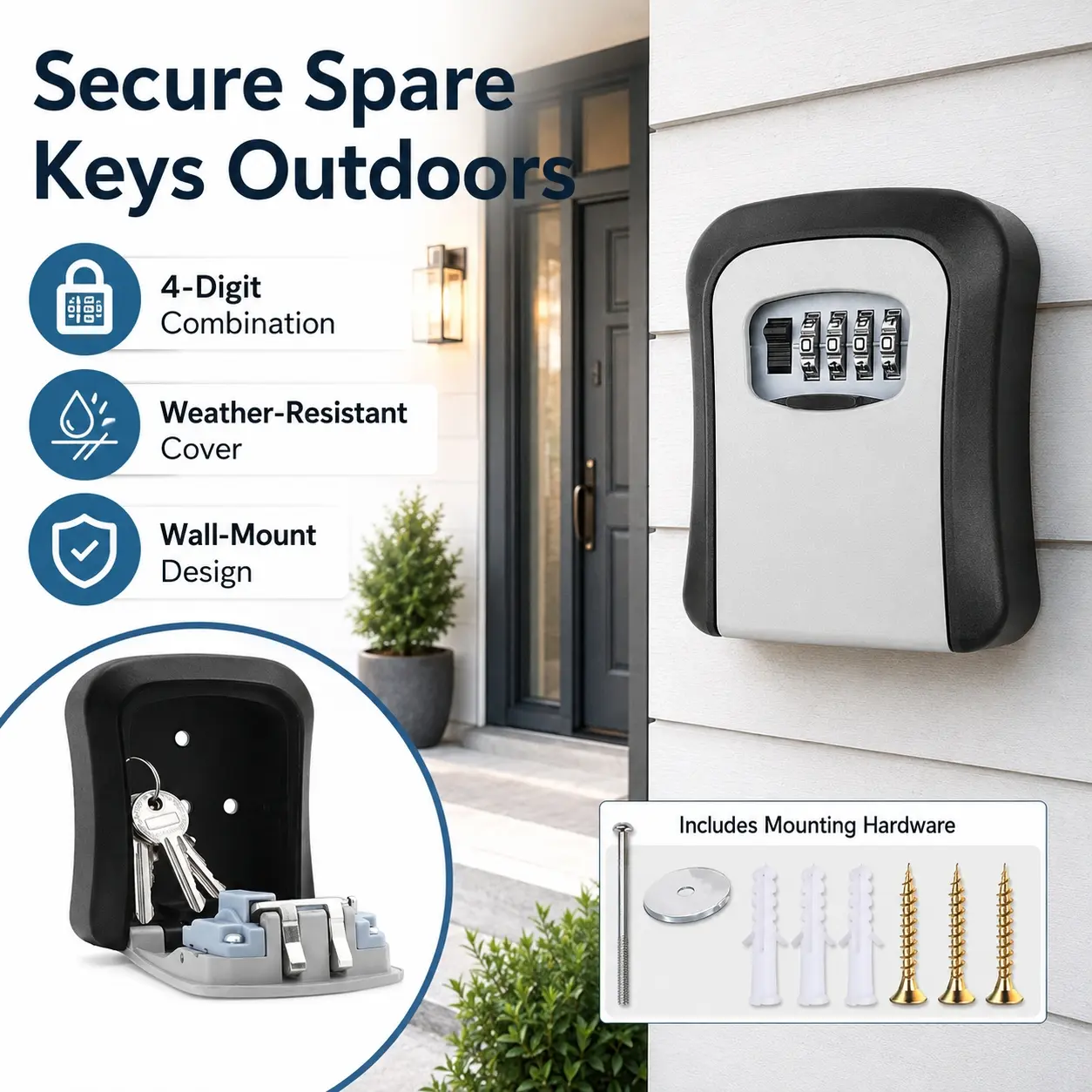 Key Lock Box Wall Mounted Waterproof Key Safe, Heavy Duty Outdoor Security Key Storage Box with Resettable 4-Digit Combination Code, Weatherproof Spare Key Holder for Home, Garage, Office, Airbnb, Rental Property, Realtor and Real Estate Use