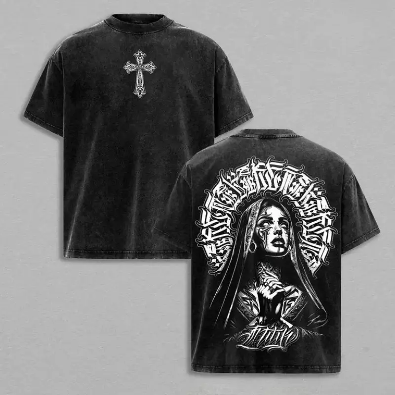Men's Short-Sleeve Round Neck Distressed Gothic Retro Graphic Print Tee - Valentine Vintage Washed Praying Nun Design, Tattoo Art Streetwear, Glory Threads Faith & Grit, Urban Christian Jesus Apparel