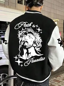 Unisex Colorblock Graphic Print Jacket, Casual Street Baseball Collar Long Sleeve Outerwear for Fall & Winter, Menswear for Daily Wear