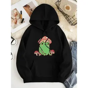Women's Frog & Mushroom Print Drawstring Hoodie, Fashion Casual Hooded Sweatshirt for Daily Wear, Women Clothing for Fall & Winter