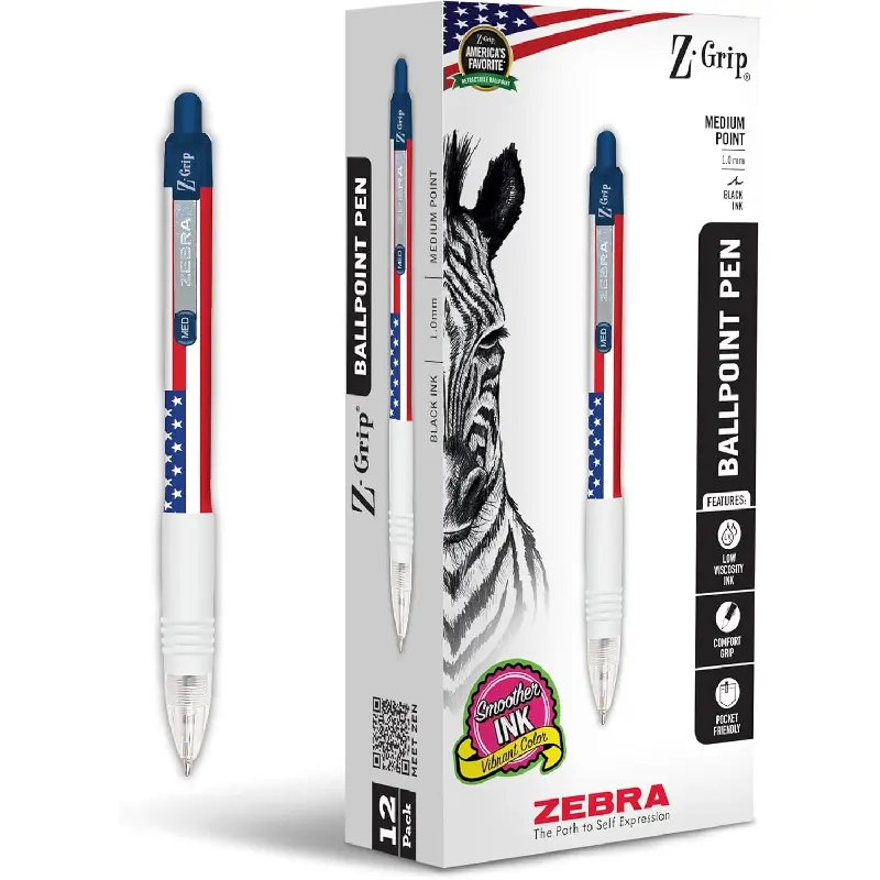 12 Pack Zebra Retractable Ballpoint Pens American Flag Patriotic Barrel Model 21775 Black Ink 1.0mm Medium Point Soft Comfort Grip Smooth Writing Stylish Office School Supplies Labor Day 4th of July Independence Day Desk Stationery Gift