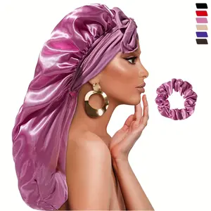 2-piece set, satin long tube strap hair cap + hair band set of the same color, luxury long strap nightcap, satin shower cap, large intestine hair band.