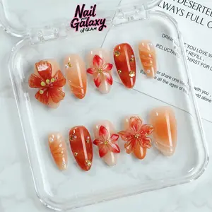 Autumn Handmade 10pcs Press-On Nails | Original Design Luxury Orange Gradient Medium Almond Nail Set with 3D Floral, Pearl & Rhinestone Decor | Reusable Acrylic False Nails for Fall Parties, Thanksgiving, Vacation, Holiday & Everyday Glam – NailGalaxy