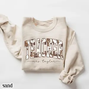 Custom Name Teacher Sweatshirt, Kindergarten & First Grade Cow Print Pullover, Teacher Appreciation Sweater, Cute Classroom Outfit, Personalized Teacher Gift