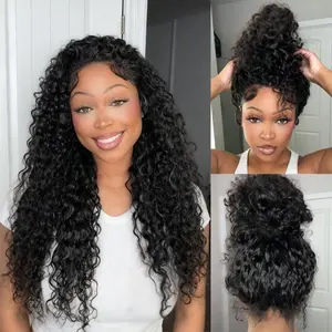 Deep Wave 360 Lace Front Wigs Human Hair Pre Plucked Pre Cut Hidden Strap Drawstring Curly Wig 180 Density Human Hair Wigs 360 HD Full Lace Wig