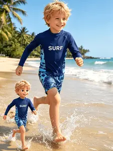 Boys' Casual Long-Sleeve Vacation Set: Tropical Print Patchwork Two-Piece Set—Perfect for Beach, Swimming, and Surfing Vacations; Spring and Summer Children's Swimwear