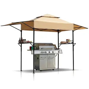 【Summervibes】Dark Gray Double-top Foldable Grill Canopy with Adjustable Side Sun Shades, Mesh Trays & Carry Bag, Powder Coated Steel Frame Patio BBQ Shelter for Outdoor Camping, Picnic, Garden