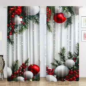 2 pieces, Christmas tree printed curtains, Christmas ball Christmas decoration pattern, pole pocket style, semi sunshade polyester fiber, suitable for home living room, bedroom, balcony, holiday window decoration, Window decorations supplies, easy to cl