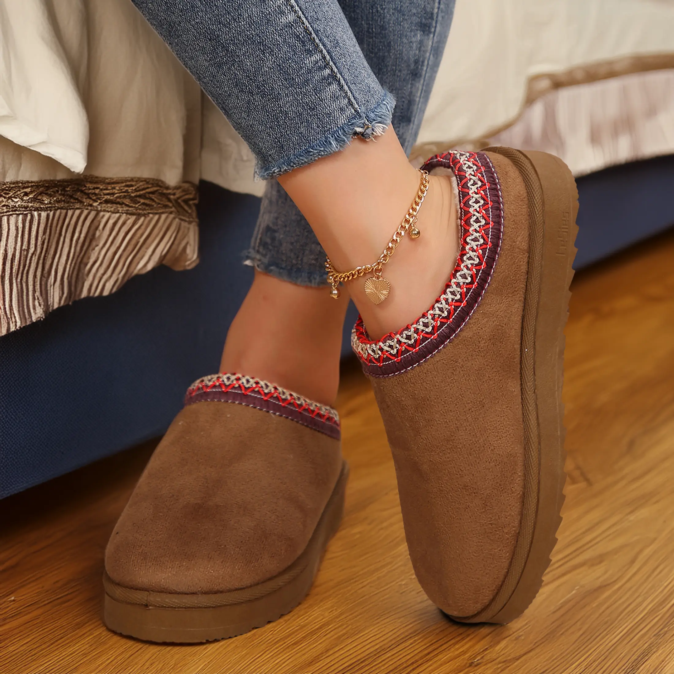 Women's Slippers Adjustable Buckle Warm Soft Sole Solid Color Warm Ankle Boot Style Indoor Outdoor Thick Bottom Soft Slippers