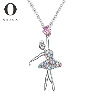 Obega Ballet Dancing Girl Pendant Necklace For Women Multi Color Rhinestone Necklace Silver Color Color Link Chain Jewelry