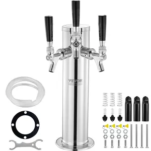 【FathersDayGift】VEVOR Triple Taps Draft Beer Tower Dispenser,  Stainless Steel Keg Beer Tower, Kegerator Tower Kit with Pre-Assembled Tubing and Self-Closing Faucet Shanks for Party, Bar, Pub, Restaurant