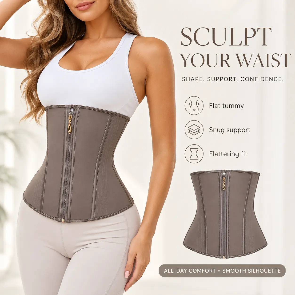 Women's Latex Underbust Waist Trainer - Compression Waist Cincher Corset with Zipper & Hooks, Tummy Control Body Shaper, Post Surgery Belly Binder, Fit Sports Clothes Fajas Colombianas
