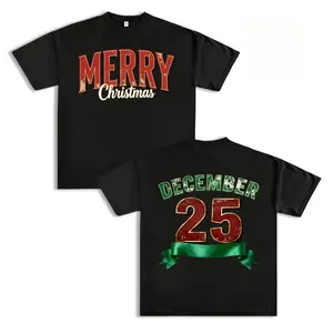 Women's "Merry Christmas 25th December" Funny Double-Sided Print Fitted Short-Sleeve Round Neck Retro Casual T-Shirt - Soft, Breathable, Sport & Outdoor Summer Beach Top, Lady's Daily Versatile Gifting Item