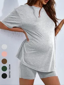 Two-piece Set Women's Solid Color Round Neck Tee & Shorts Set, Casual Short Sleeve T-shirt & Skinny Shorts, Prenatal Maternity Clothing for Daily Wear