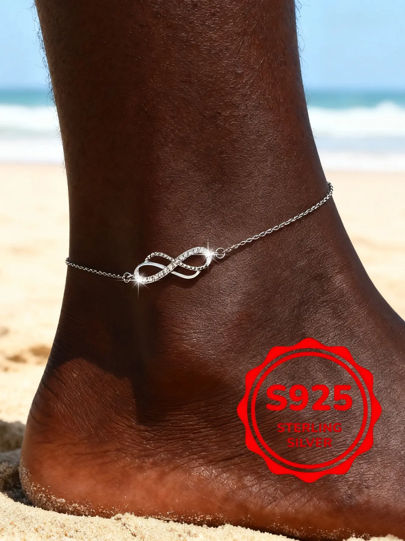 Women's S925 Silver Color Adjustable Anklet Bracelet, Minimalist Design, Rhinestone Accents, Hypoallergenic Jewelry Gift for Women & Girls