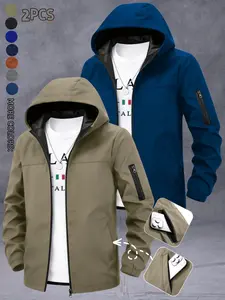 Men's Windproof Jacket 2-Piece Set, Quick-Dry Breathable Lightweight Outdoor Coat, Hooded Parka with Pockets, Street Style, All Seasons