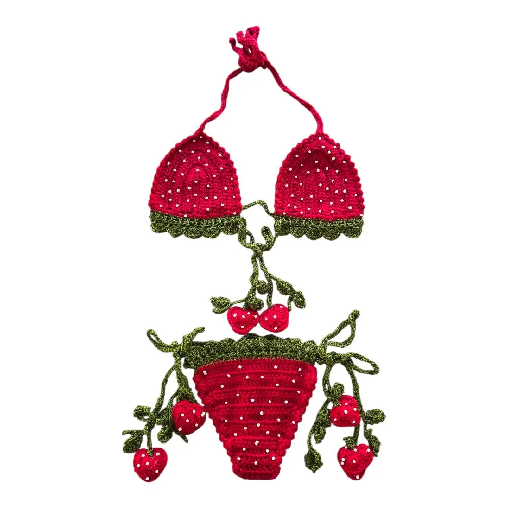 Crochet Strawberry Bikini Set - Red & Green Handmade Swimsuit with Detailed Fruit Design