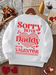 Girls' Fall Winter Long Sleeve Round Neck Sweatshirt, Valentine's Day Letter Cartoon Heart Print, Fitted Casual Kids Clothing