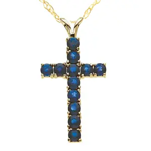 1 1/5 Ct Genuine Blue Sapphire Cross Pendant Necklace 18" Yellow Gold 1" Tall