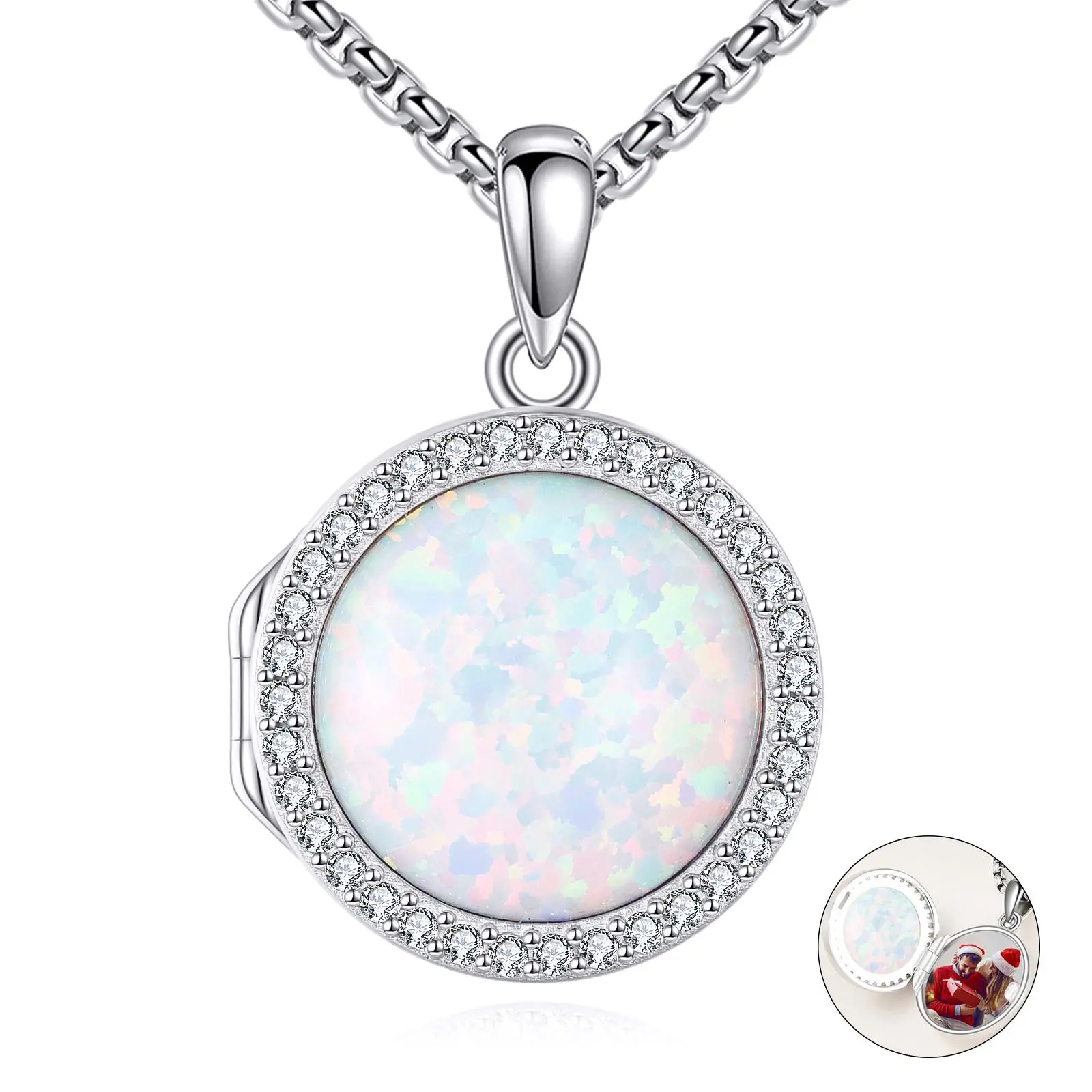 Women's 925 Sterling Silver Round Locket Necklace, Non-Natural Crystal Picture Holder Pendant