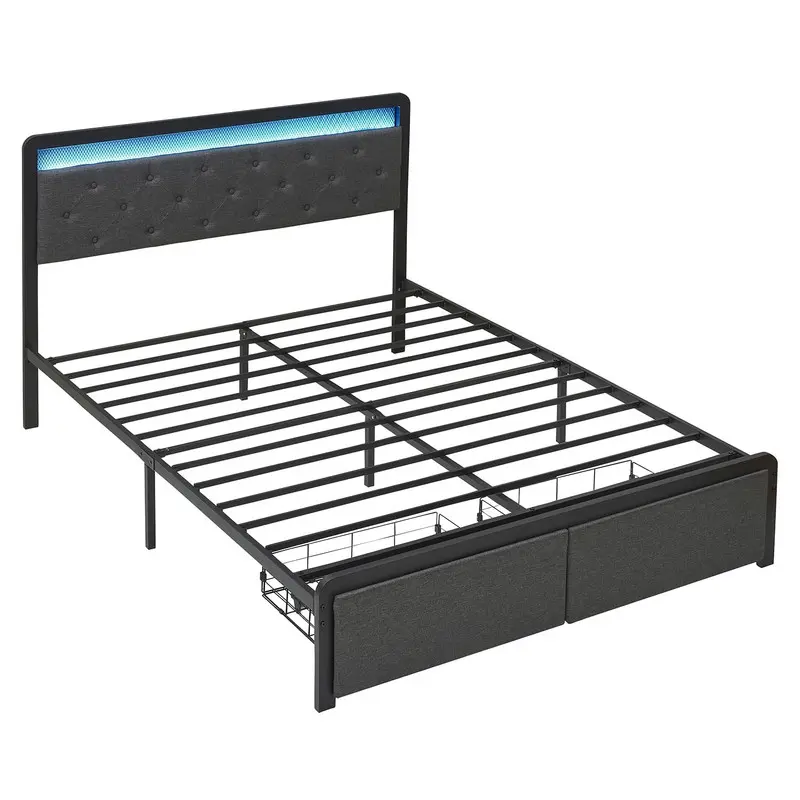 Queen Bed Frame with LED Lights Headboard, Upholstered Bed with Headboard and 2 Storage Drawers, Strong Metal Slats Support, Easy Assembly, No Box Spring Needed