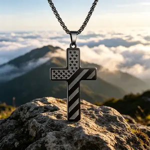Men’s everyday stackable stainless steel Patriotic Cross necklace with a black Y-shaped pendant, ideal as a gift for Christian or military-themed occasions or as anniversary jewellery for men. Comes with a cord chain. jewelry