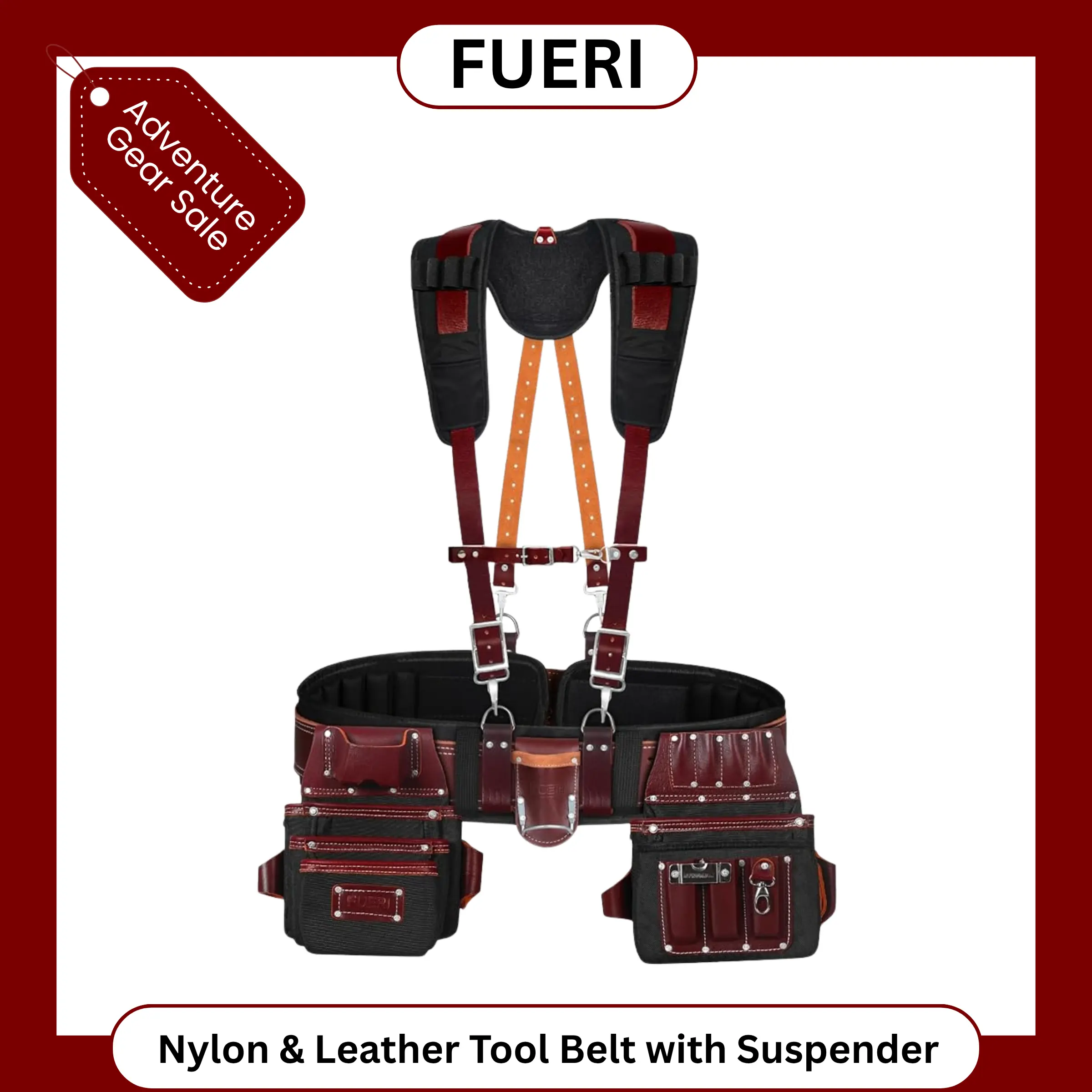 FUERI Men's Heavy-Duty Nylon & Leather Tool Belt Organizer with Suspender, 26 Pockets (Maroon & Black), Comfort Padded Belt, Spacious Pouches, Hammer Holder & Suspender Loops for Carpenters, Electricians, Tool Bag Organizer