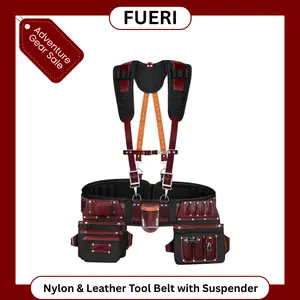 FUERI Men's Heavy-Duty Nylon & Leather Tool Belt Organizer with Suspender, 26 Pockets (Maroon & Black), Comfort Padded Belt, Spacious Pouches, Hammer Holder & Suspender Loops for Carpenters, Electricians, Tool Bag Organizer