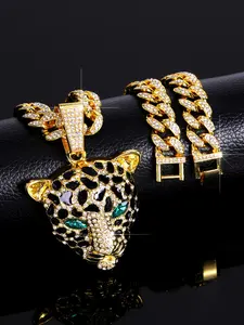 Sparkling Cuban Link Chain Necklace with -Eyed Leopard Head Pendant, Unisex Blingbling Jewelry for Parties & Festivals, Ideal Gift
