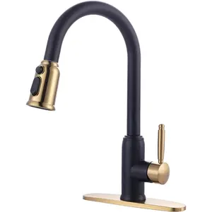 Black Gold Kitchen Faucet with Sprayer:304 Stainless Steel Kitchen Sink Faucet for 1 or 3 Hole, High Arc Single Handle Mixer Taps with Deck Plate, Vintage Style